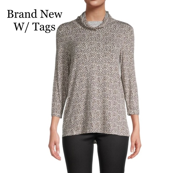 NEW W TAGS BOBEAU Leopard-Print Face Mask Cowlneck Top SZ LG 3 quarter sleeves - Picture 1 of 14